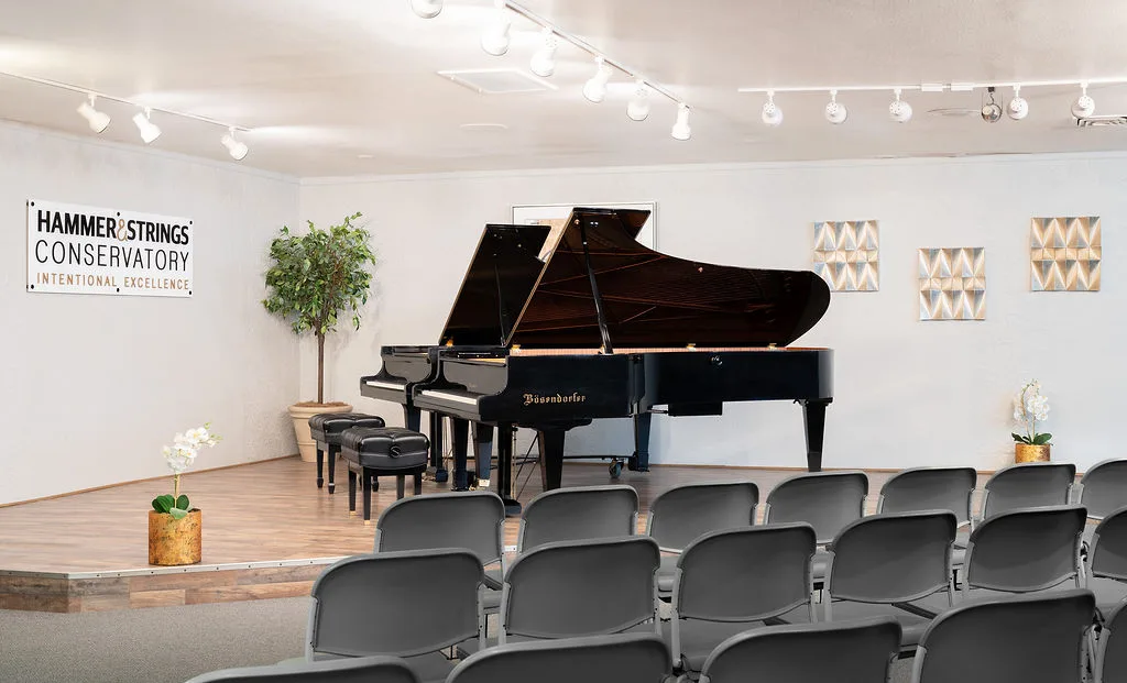 The Liszt Recital Hall stage with its concert grand piano.